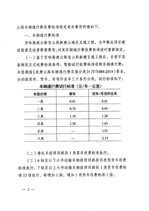 关于重新核定京哈高速公路宝山段车辆通行费收费标准有关事项的通知_02